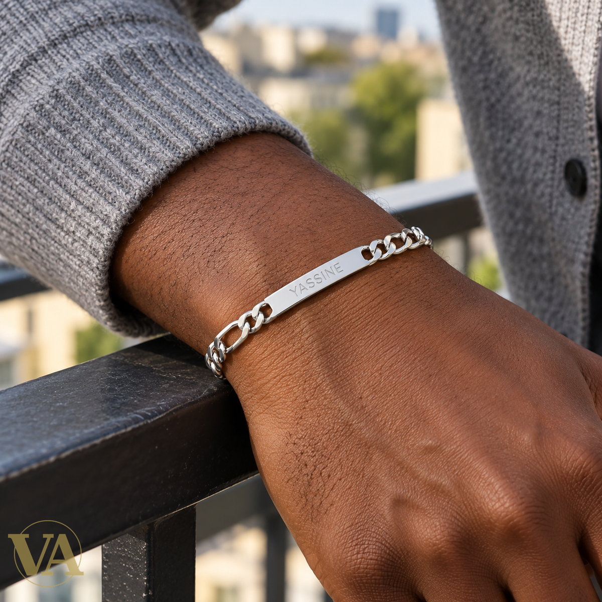 Gourmette homme argent 925 rhodié 21 cm — portée au poignet, vue 2, prénom d’exemple