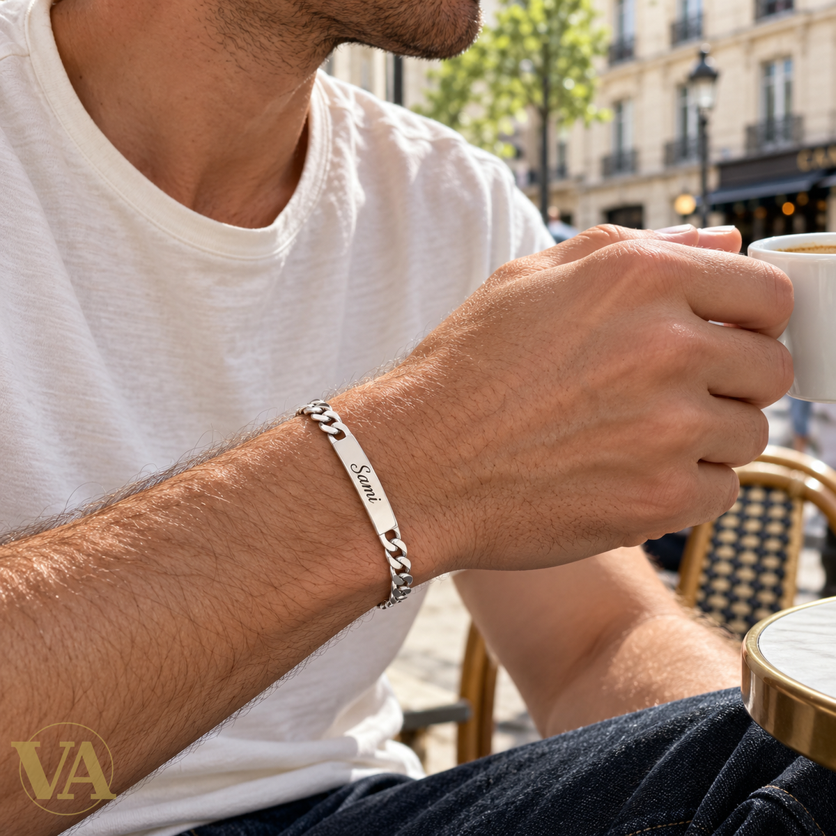 Bracelet argent 925 porté, exemple de prénom gravé