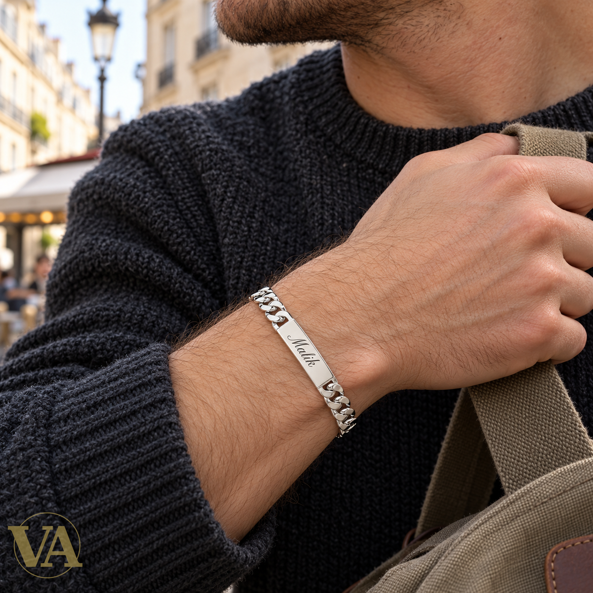 Bracelet gourmette argent 925 porté, exemple de prénom gravé