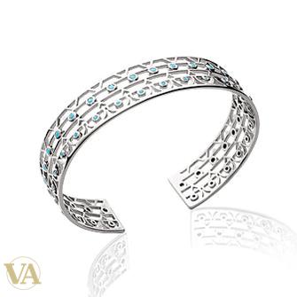 Jonc Femme Argent 925 Rhodié — Dentelle Géométrique et Touches Bleues - Argent 925 - Vindicta