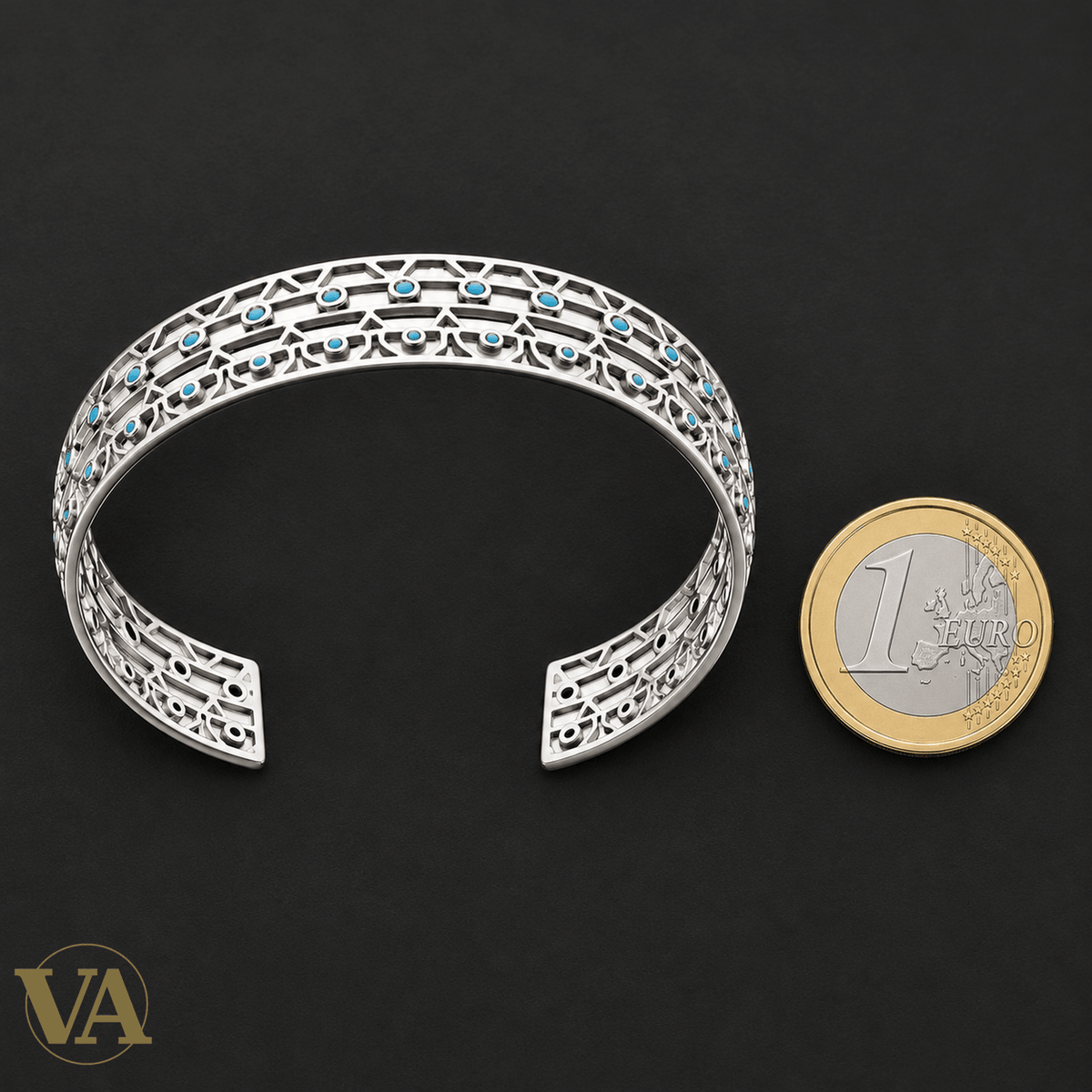 Jonc Femme Argent 925 Rhodié — Dentelle Géométrique et Touches Bleues - Argent 925 - Vindicta