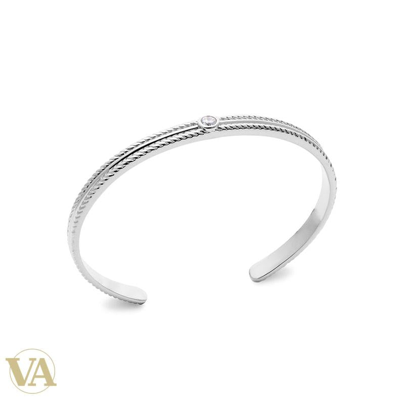 Jonc Femme Argent 925 Rhodié — Bordures Torsadées et Oxyde de Zirconium - Argent 925 - Vindicta