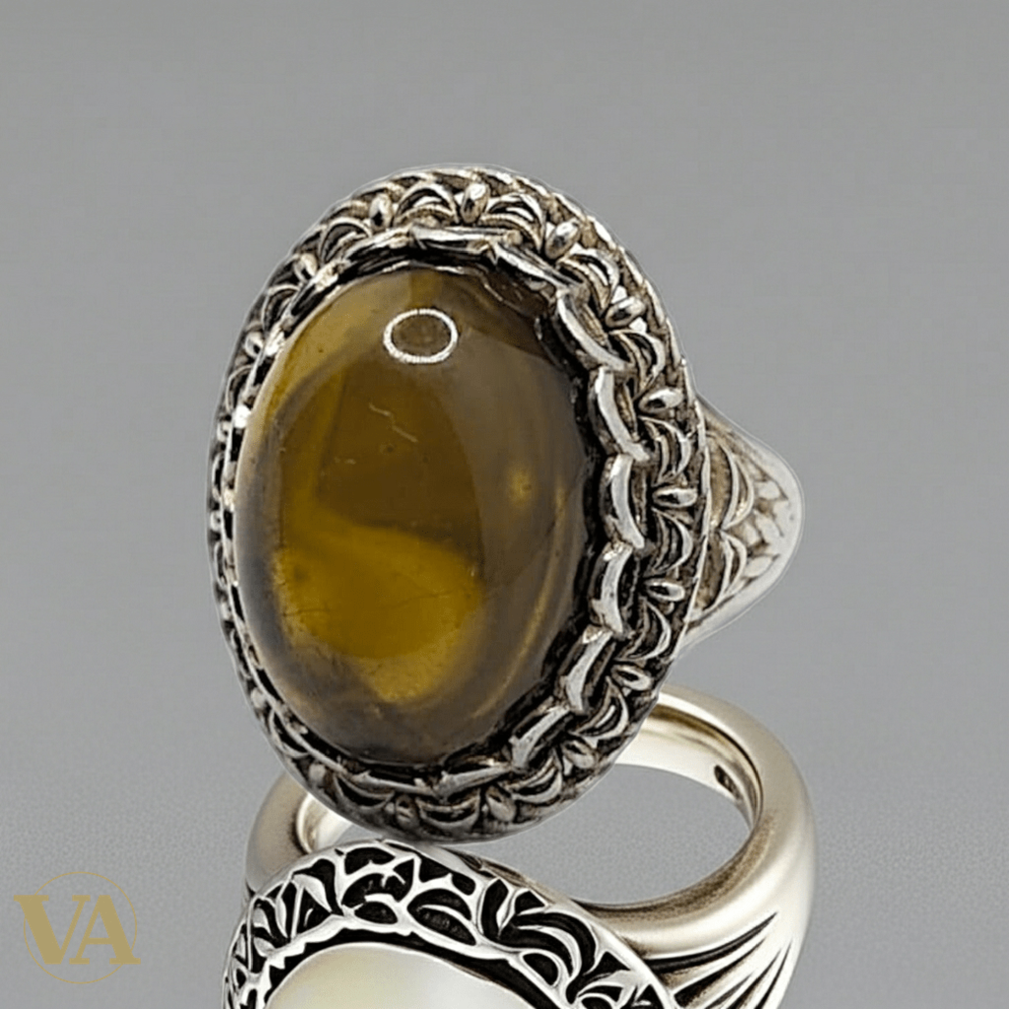 Bague Femme Argent 925 & Ambre – Cabochon Ovale Filigrane Tressé - Argent 925 - Vindicta