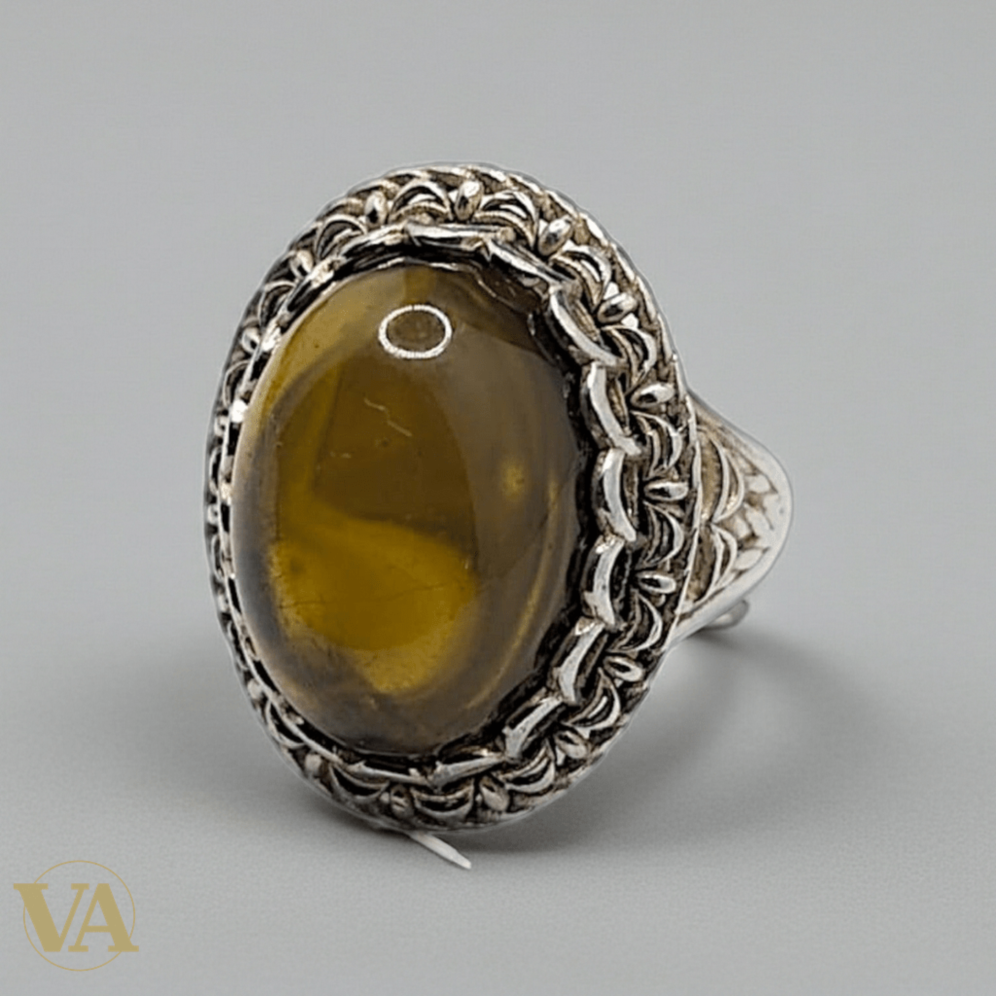 Bague Femme Argent 925 & Ambre – Cabochon Ovale Filigrane Tressé - Argent 925 - Vindicta