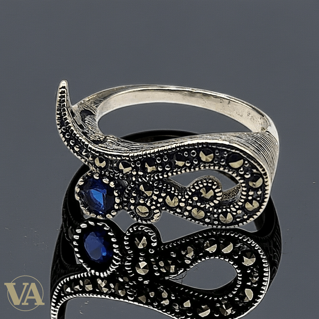 Bague Femme en argent 925 sertie de marcassites et pierre bleue - Argent 925 - Vindicta