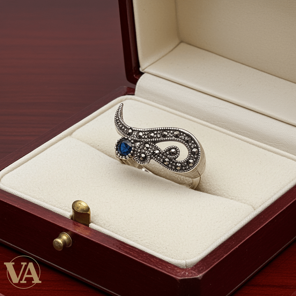 Bague Femme en argent 925 sertie de marcassites et pierre bleue - Argent 925 - Vindicta