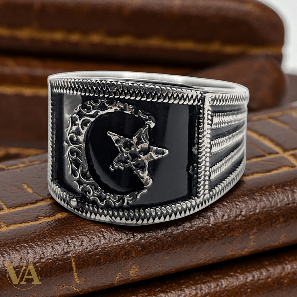 Chevalière Homme Argent 925 Onyx Noir Croissant Étoile Tresse Ciselée - Argent 925 - Vindicta