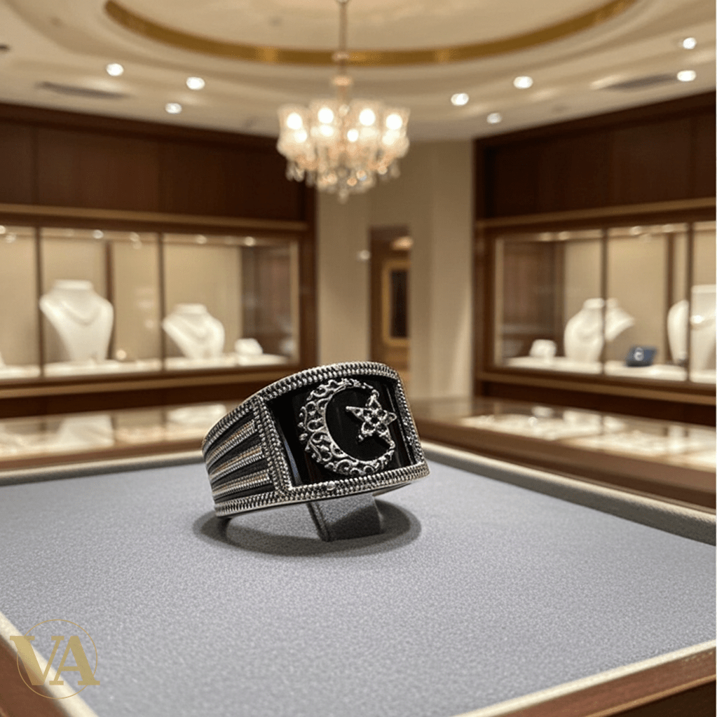 Chevalière Homme Argent 925 Onyx Noir Croissant Étoile Tresse Ciselée - Argent 925 - Vindicta
