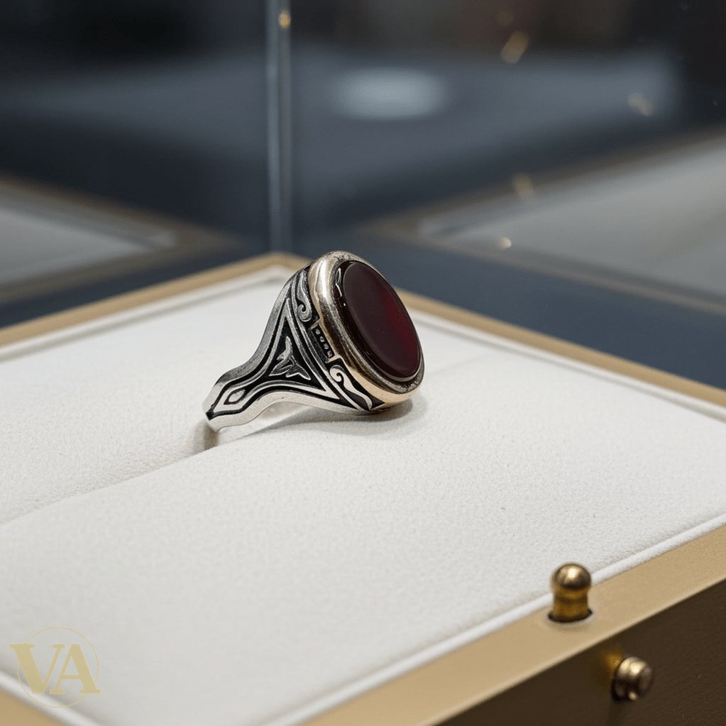 Chevalière Homme Argent 925 Cornaline Bordeaux Ovale Monture Dorée Motif Végétal - Argent 925 - Vindicta