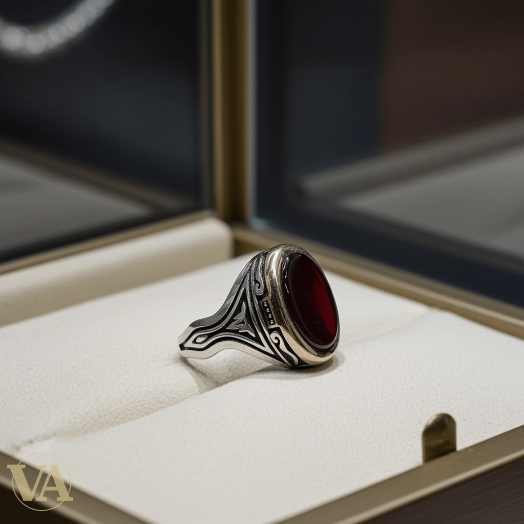 Chevalière Homme Argent 925 Cornaline Bordeaux Ovale Monture Dorée Motif Végétal - Argent 925 - Vindicta