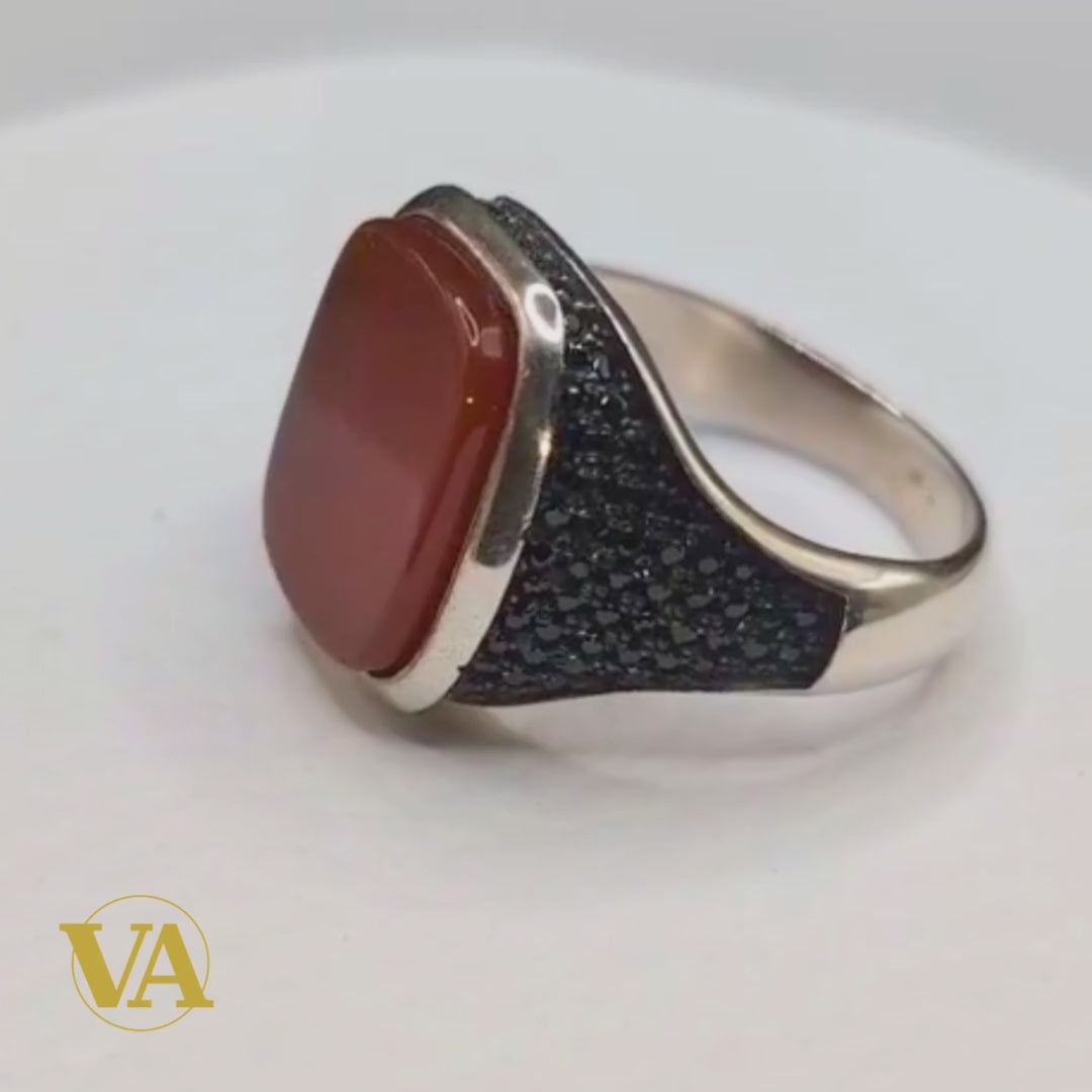 Bague Homme Argent 925 Cornaline – Plateau Carré & Marcassites Ottoman | Bijoux Vindicta