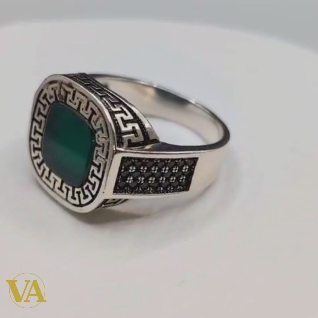 Bague Homme Argent 925 Agate Verte – Méandre Grec & Marcassites | Bijoux Vindicta