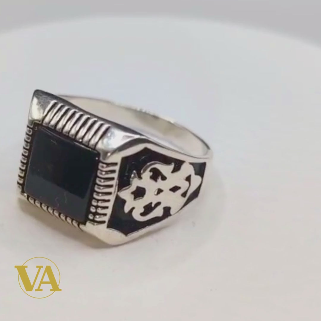 Bague Homme Argent 925 Onyx Noir Carré – Motif Floral Ottoman | Bijoux Vindicta