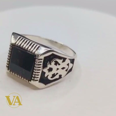Bague Homme Argent 925 Onyx Noir Carré – Motif Floral Ottoman | Bijoux Vindicta