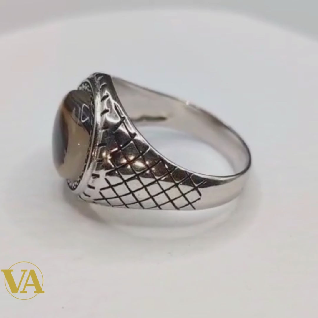 Bague Homme Argent 925 Agate Dendritique – Motif Quadrillé Ottoman | Bijoux Vindicta