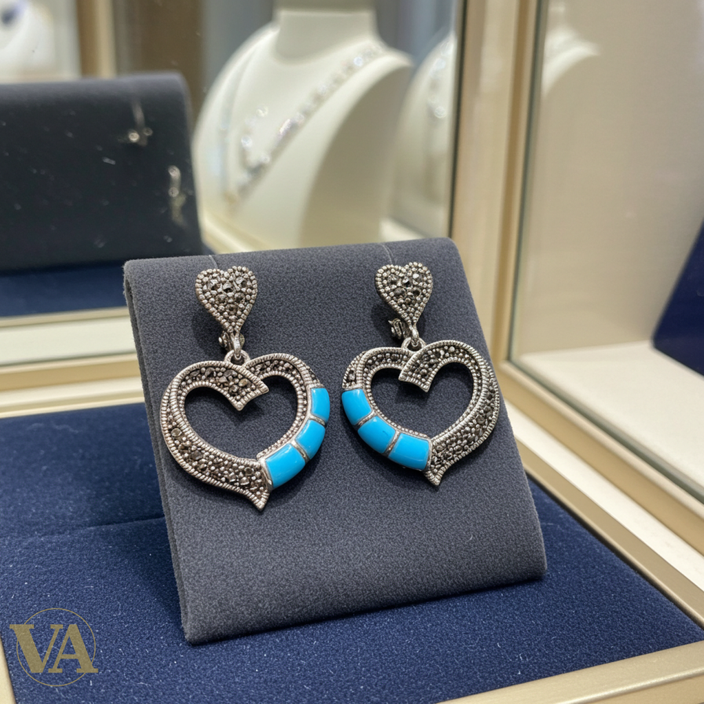 Boucles d'Oreilles Femme Argent 925 Cœur Turquoise et Marcassite-Vindicta : Bijoux Argent 925 Massif, Luxe et Héritage