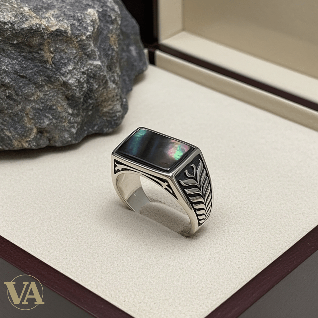 Chevalière Homme Argent 925 Nacre Gris Anthracite Motif Épi de Blé - Argent 925 - Vindicta