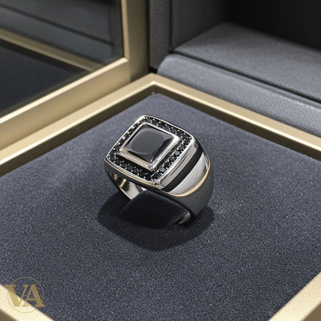 Bague homme argent 925 agate grise & pierres noires - Argent 925 - Vindicta
