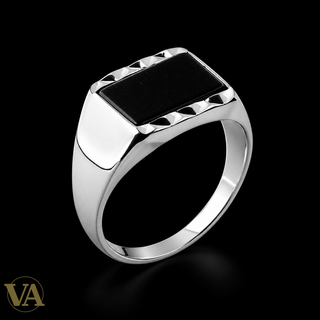 Chevalière Homme Argent 925 – Rectangle Noir et Frises Triangulaires
