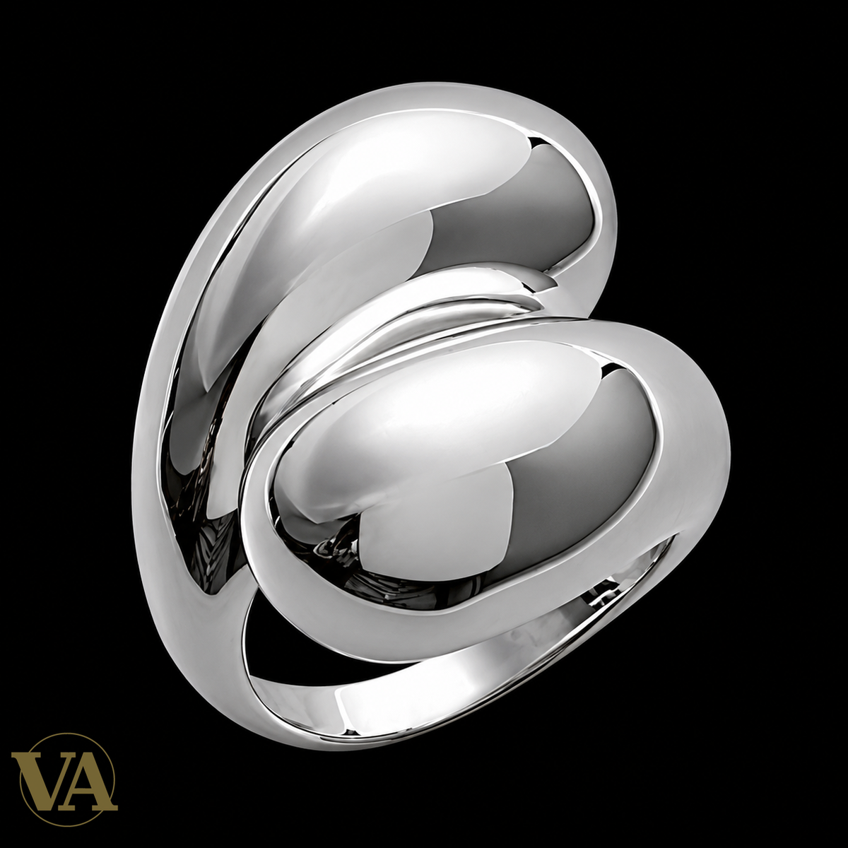 Bague Femme Argent 925 – Deux Gouttes Polies Croisées — vue du bijou sur fond noir