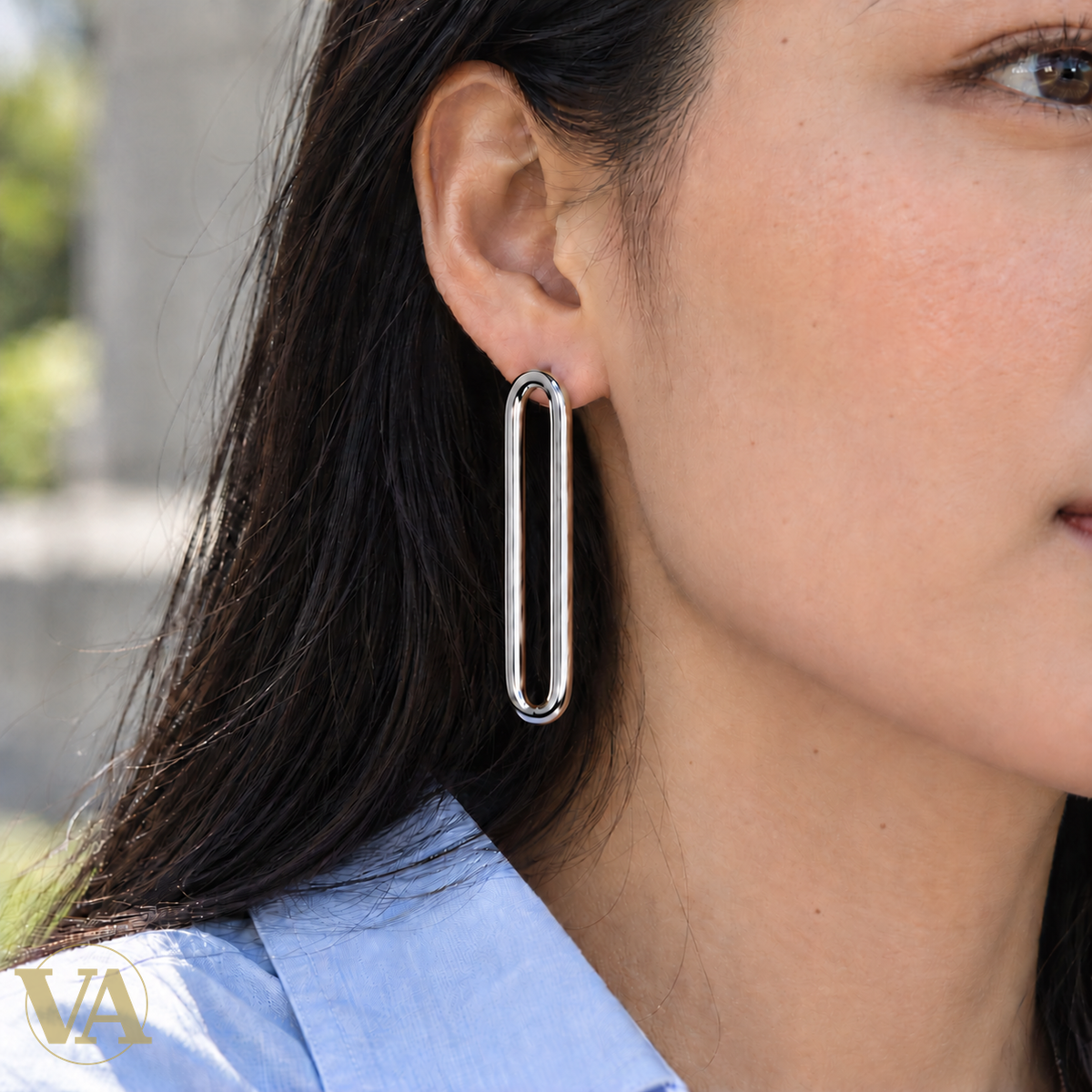 Boucles longs ovales en argent 925 rhodié — portées