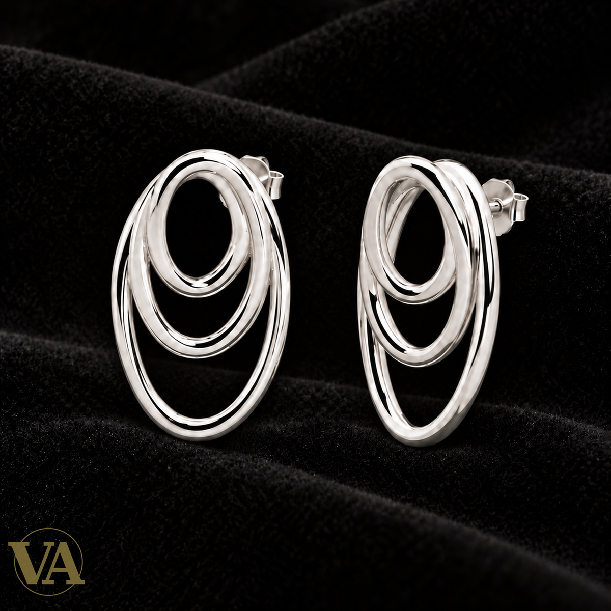 Boucles trois ovales concentriques en argent 925 rhodié — vue de la paire