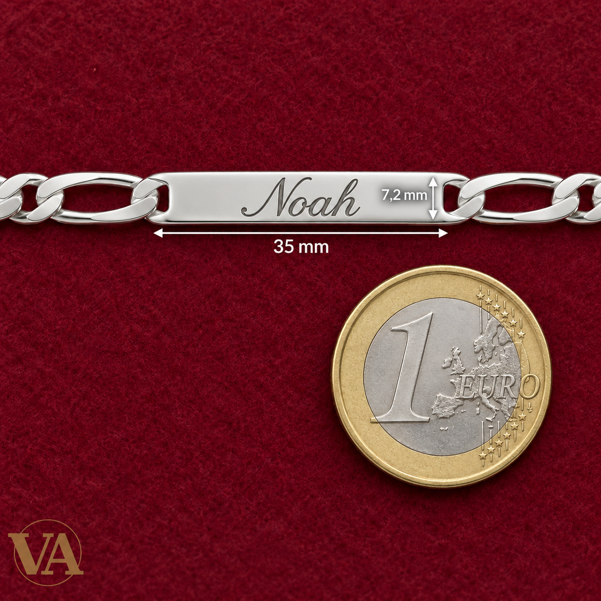 Gourmette Figaro 1+1 argent 925 : détail de la plaque avec une pièce de 1 euro — dimensions de la plaque en mm