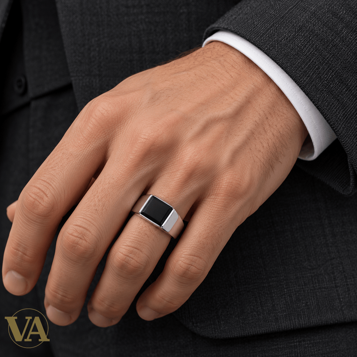 Chevalière homme argent 925 rhodié — Rectangle noir - Argent 925 - Vindicta