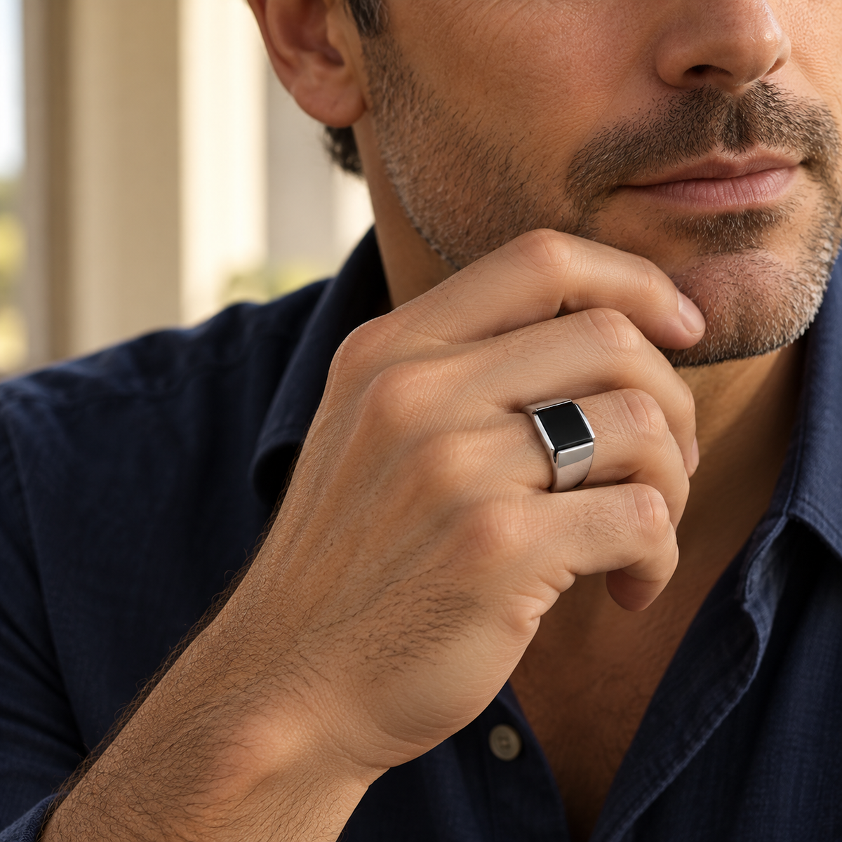 Chevalière homme argent 925 rhodié rectangle noir — portée — Vindicta