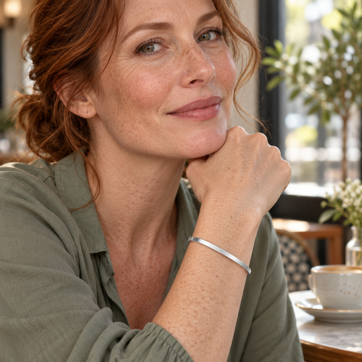Bracelet jonc ouvert à ruban poli en argent 925 rhodié — porté 3, visage et poignet