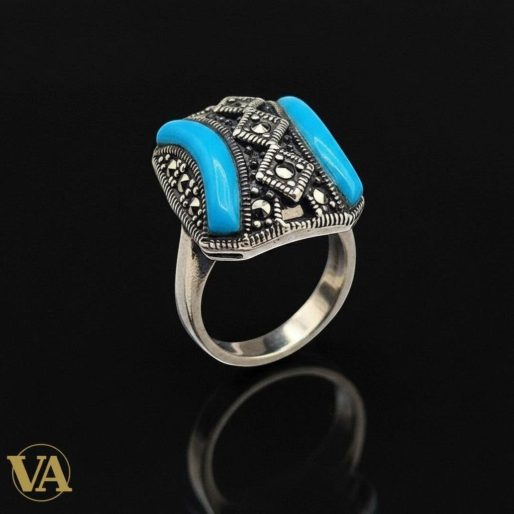 Bague femme Vindicta en argent 925, turquoise et marcassites, plateau rectangulaire