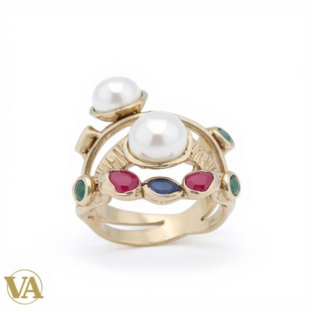 Bague femme Vindicta en argent 925, ornée de perles blanches et de pierres colorées rouge, bleu et verte. Design original.