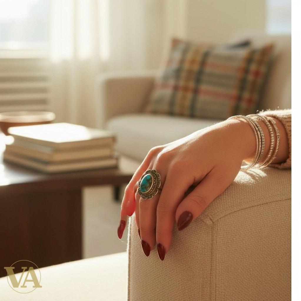 Bague femme Vindicta en argent 925 avec cabochon turquoise ovale et décor ciselé, style bohème chic.