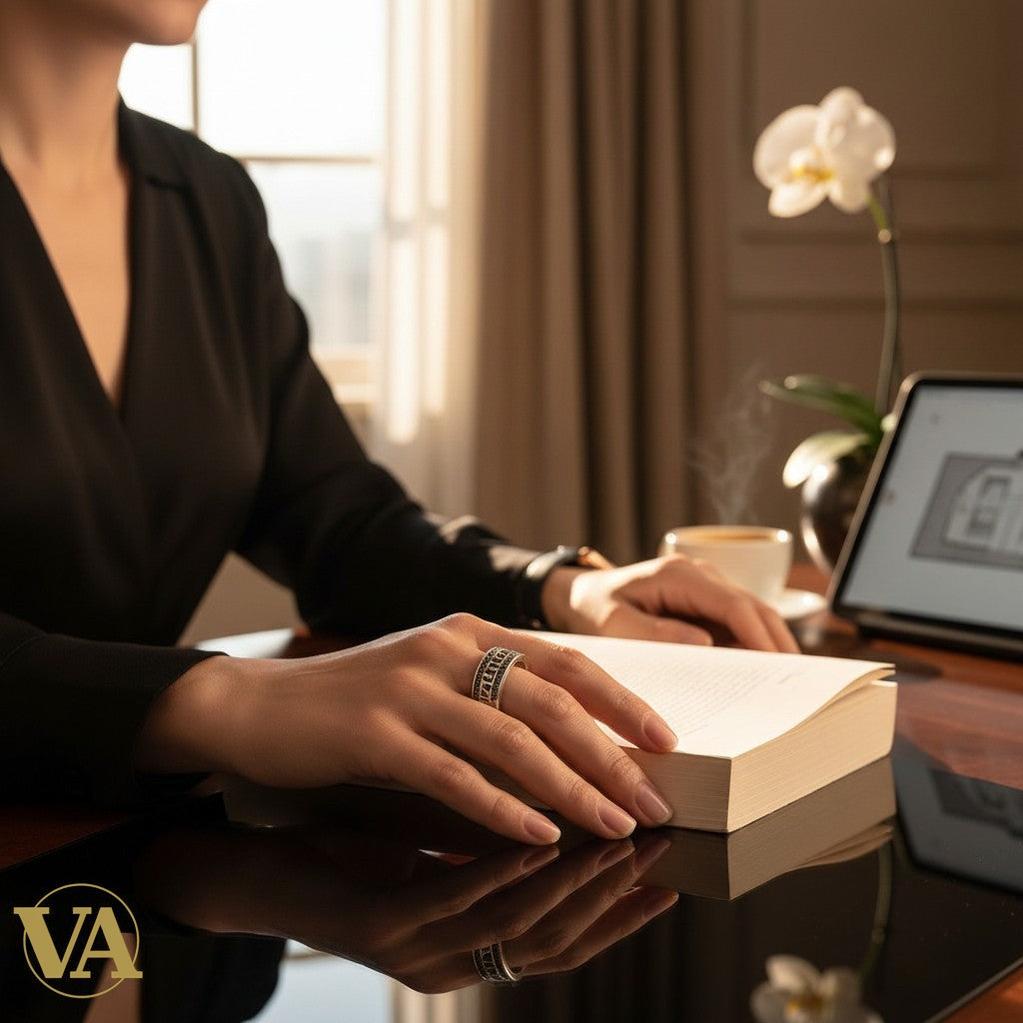 Bague Vindicta : Bijoux Argent 925 Massif, Luxe et Héritage en argent avec motif grec et marcassites portée par une femme