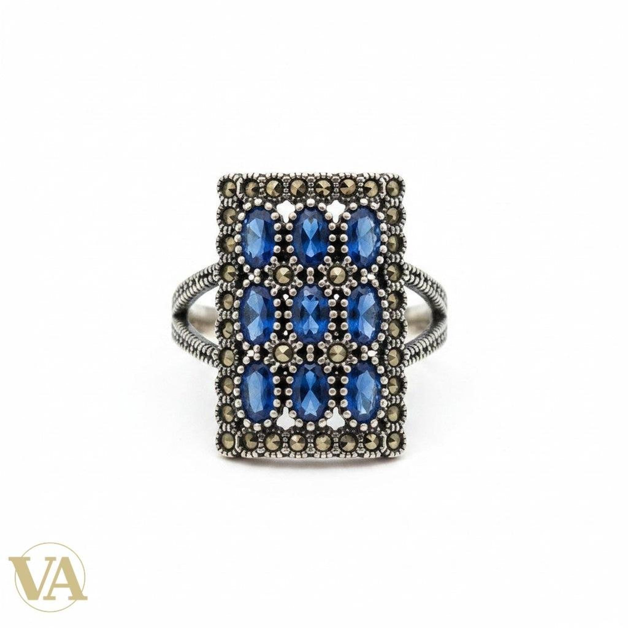 Bague femme rectangulaire en argent 925, pierres bleues & marcassite - Argent 925 - Vindicta