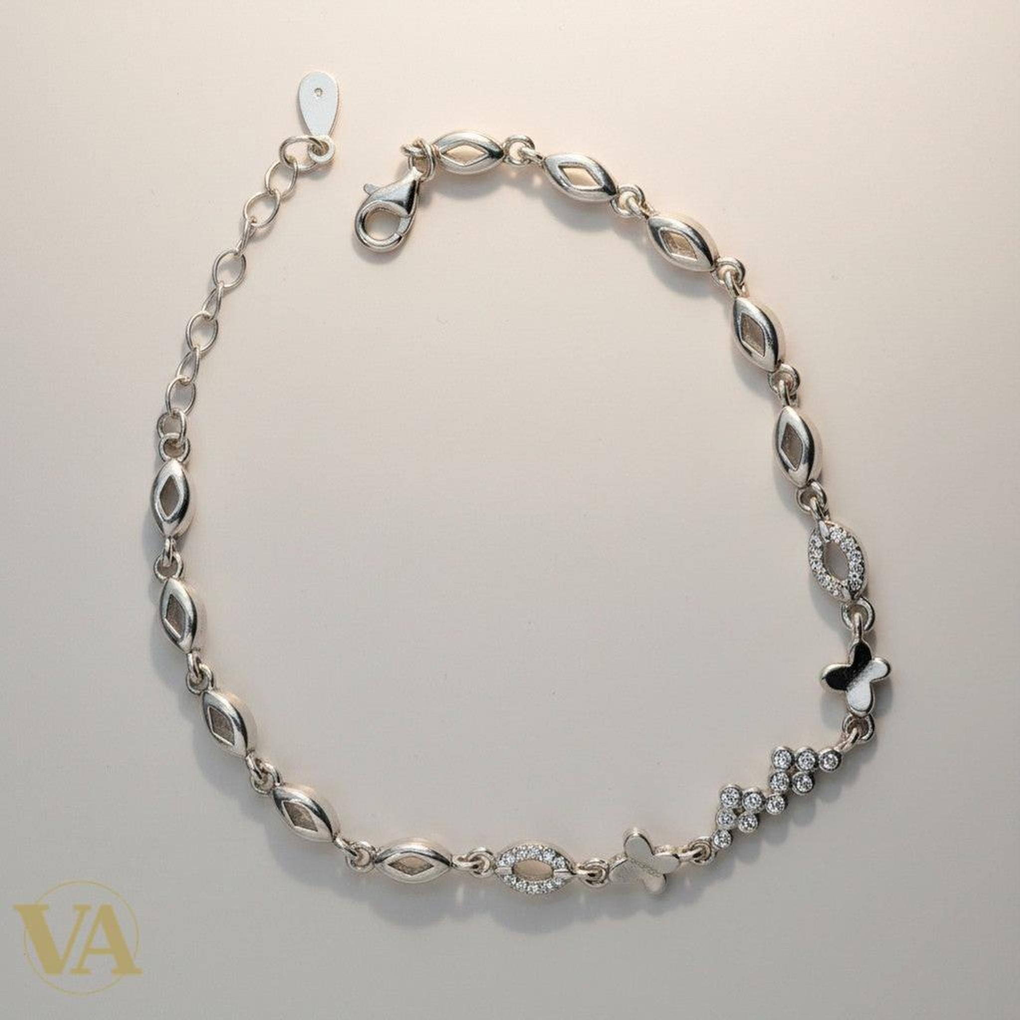 Bracelet Vindicta en argent 925 femme, motifs navette sertis d'oxydes de zirconium et papillons