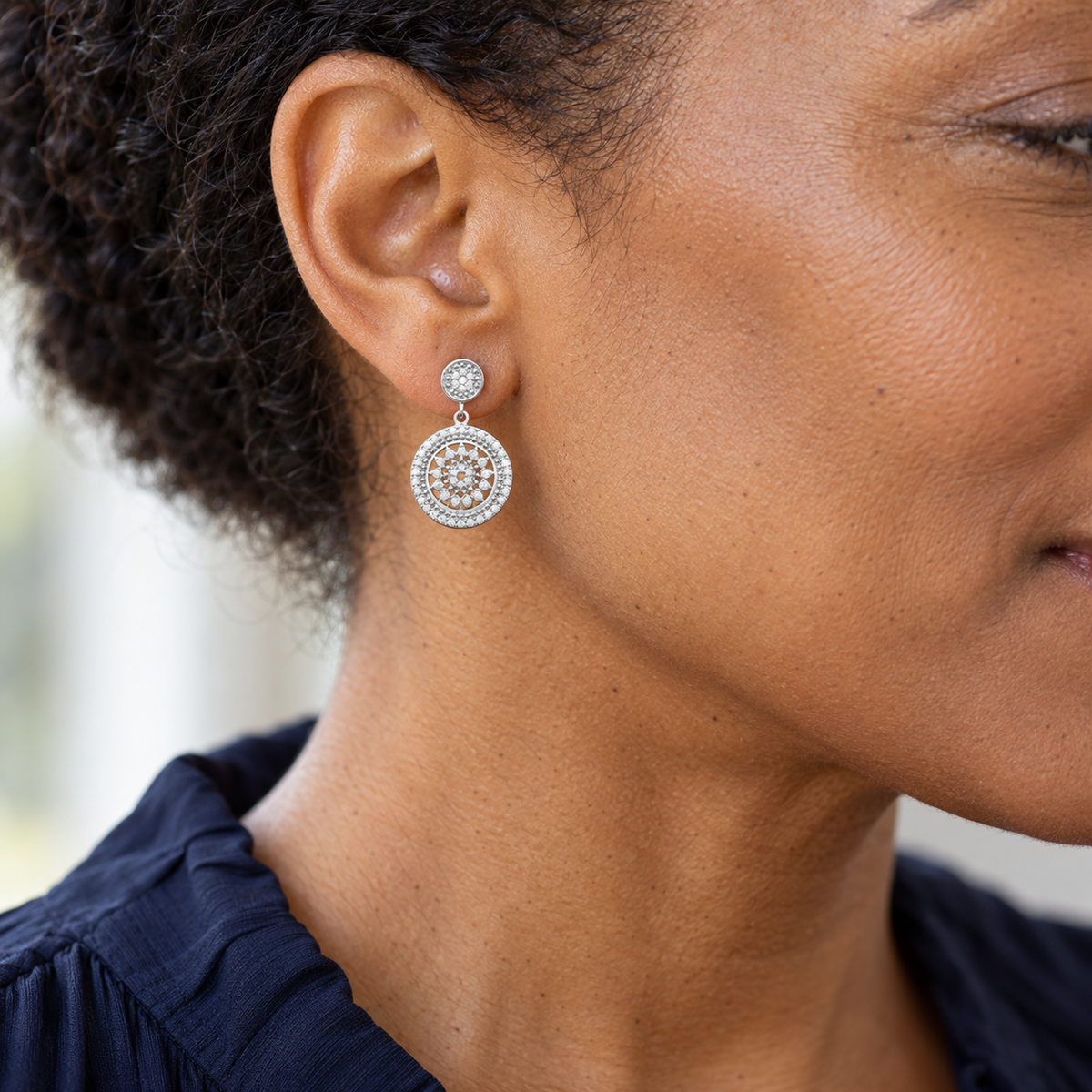 Boucles d’oreilles argent 925 rhodié — second porté en gros plan