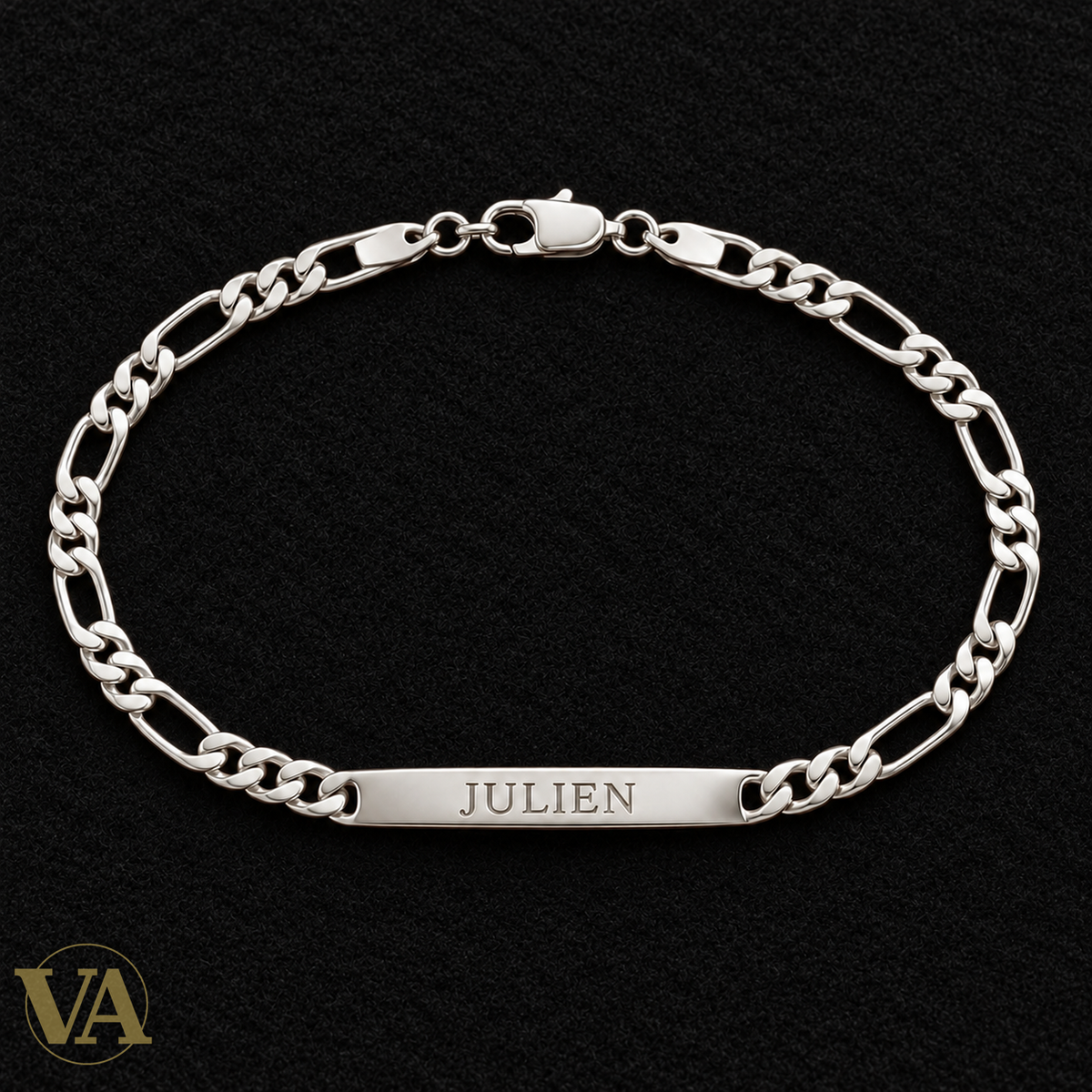 Gourmette homme argent 925 rhodié 20 cm — bracelet complet sur feutre bordeaux, prénom d’exemple