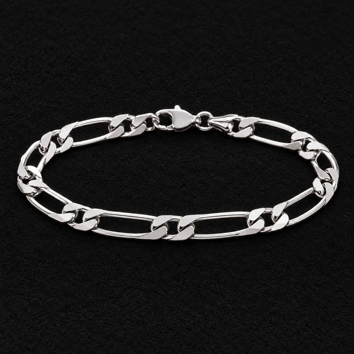 Bracelet homme Figaro 1+1 diamantée rhodié en argent 925 — 21 cm — sur feutre noir