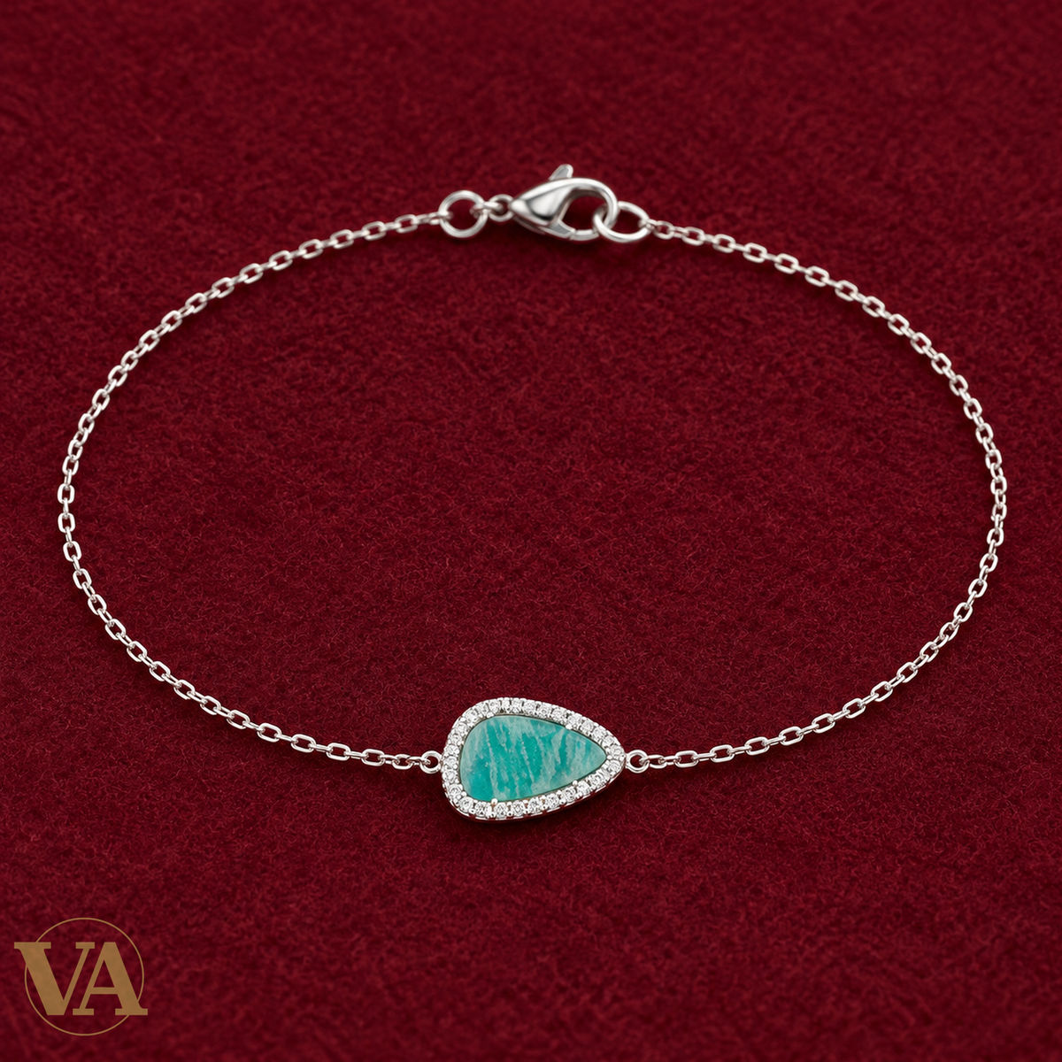 Bracelet amazonite triangulaire en argent 925 rhodié sur feutre bordeaux