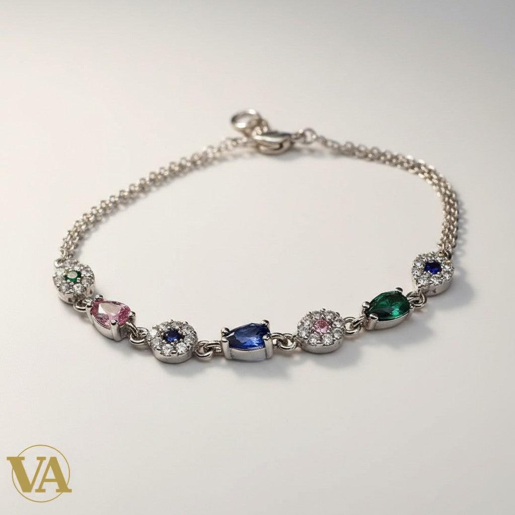 Bracelet Vindicta en argent 925 avec strass multicolores en forme de poire et ronds, 17+5 cm