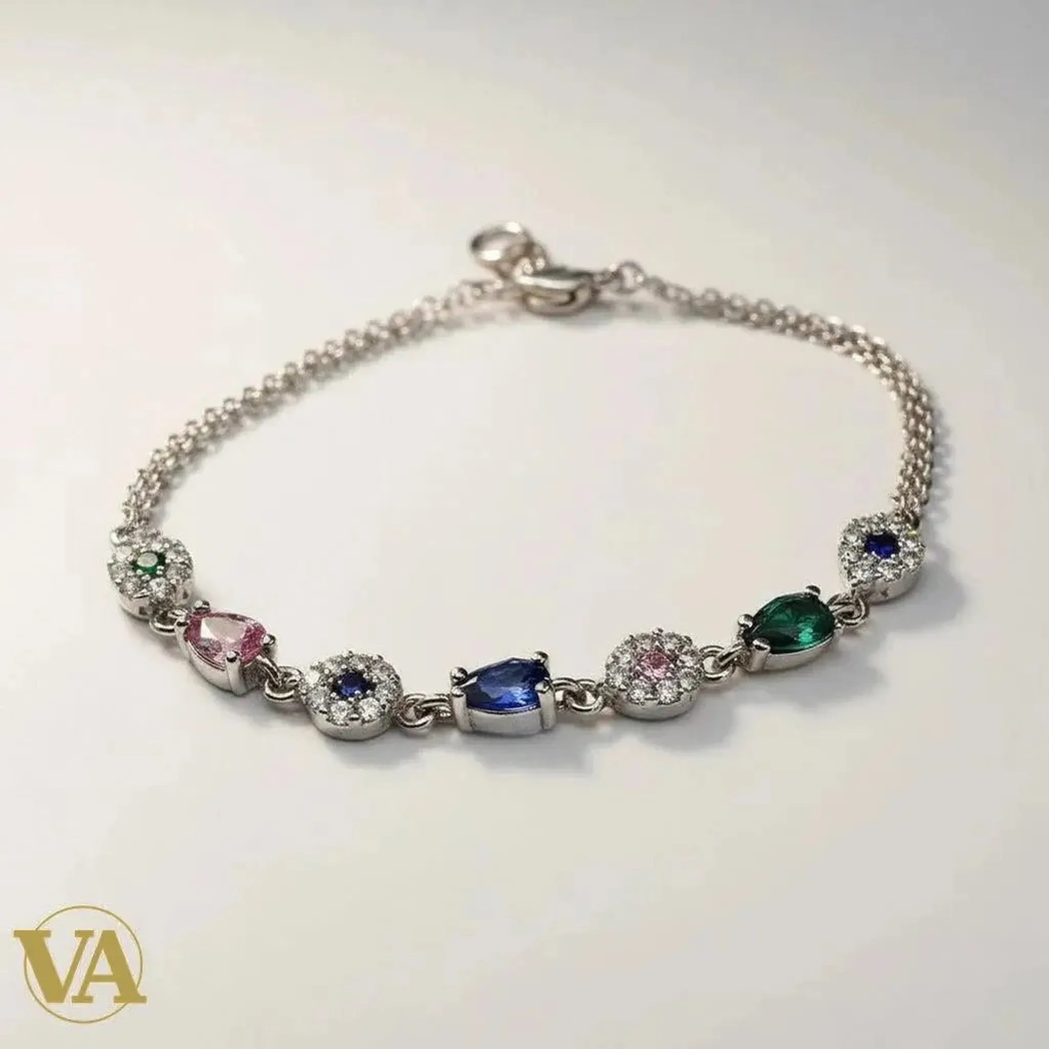 Bracelet Vindicta en argent 925 avec strass multicolores en forme de poire et ronds, 17+5 cm
