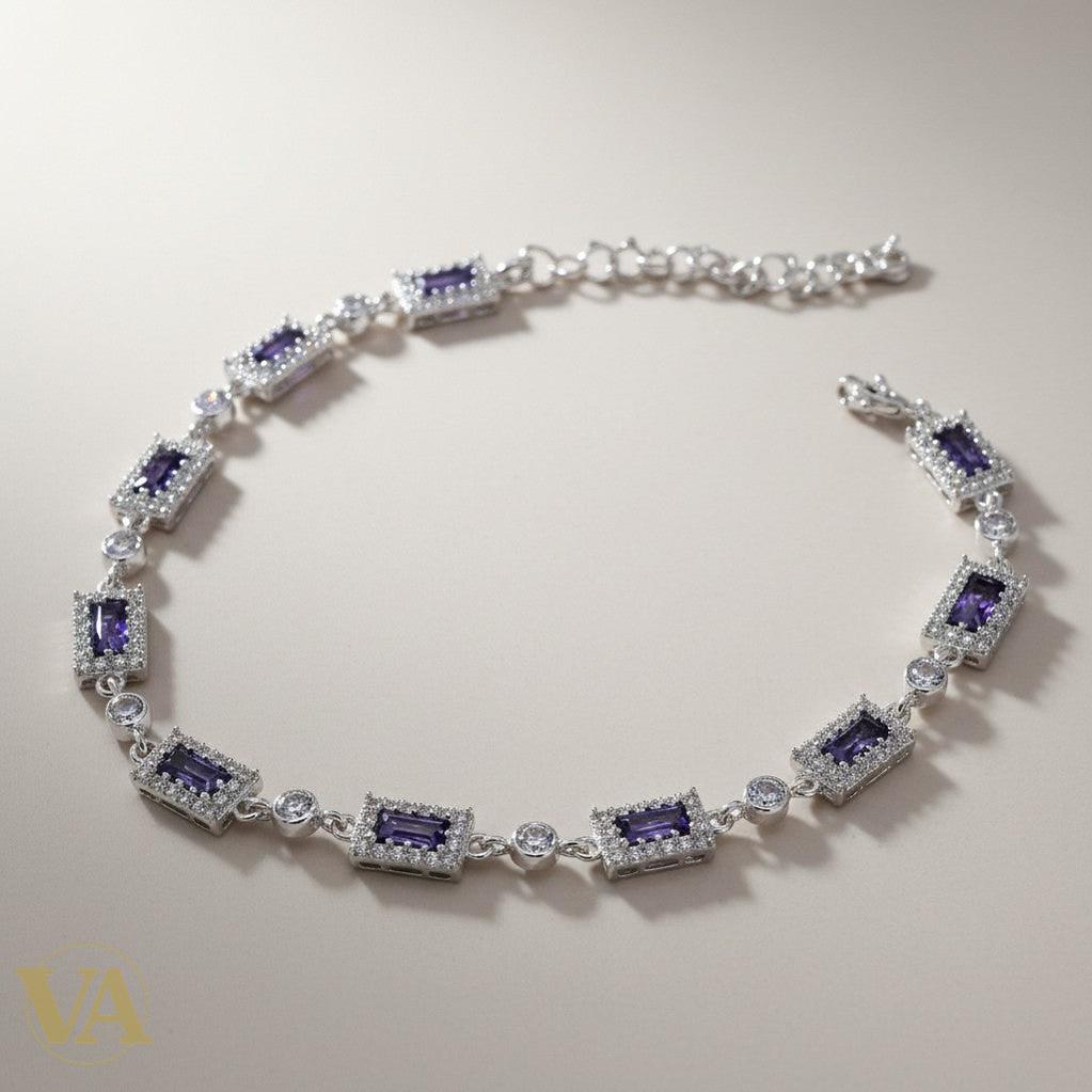 Bracelet Vindicta en argent 925 avec améthystes rectangulaires violettes et oxydes blancs, style vintage.