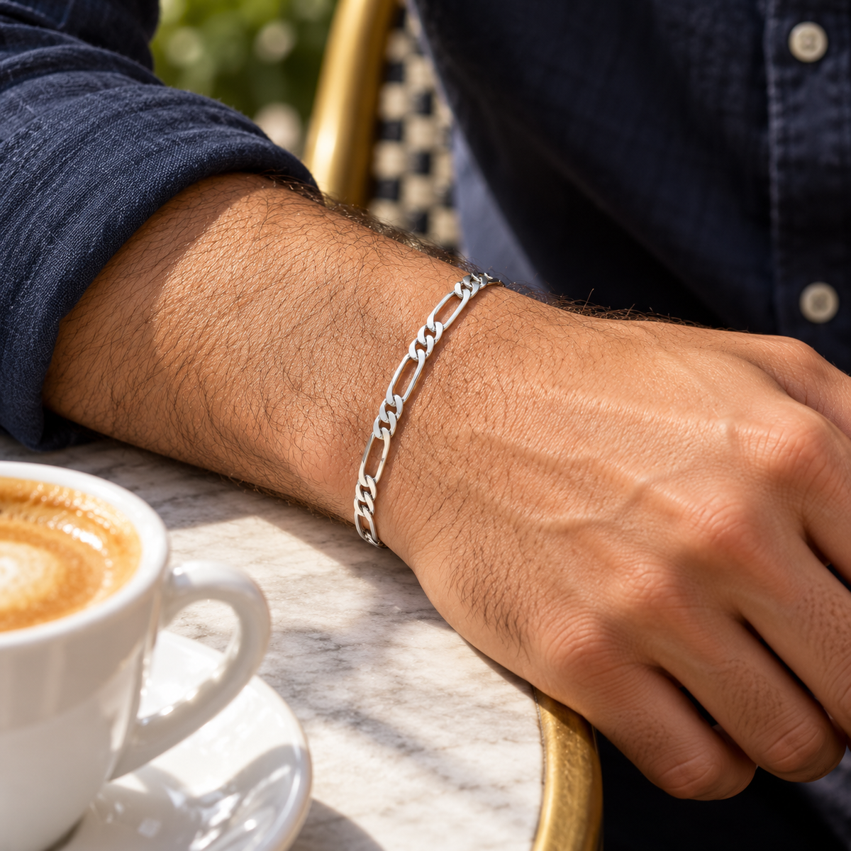 Bracelet homme Figaro 1+1 diamantée en argent 925 — 21 cm — porté en situation