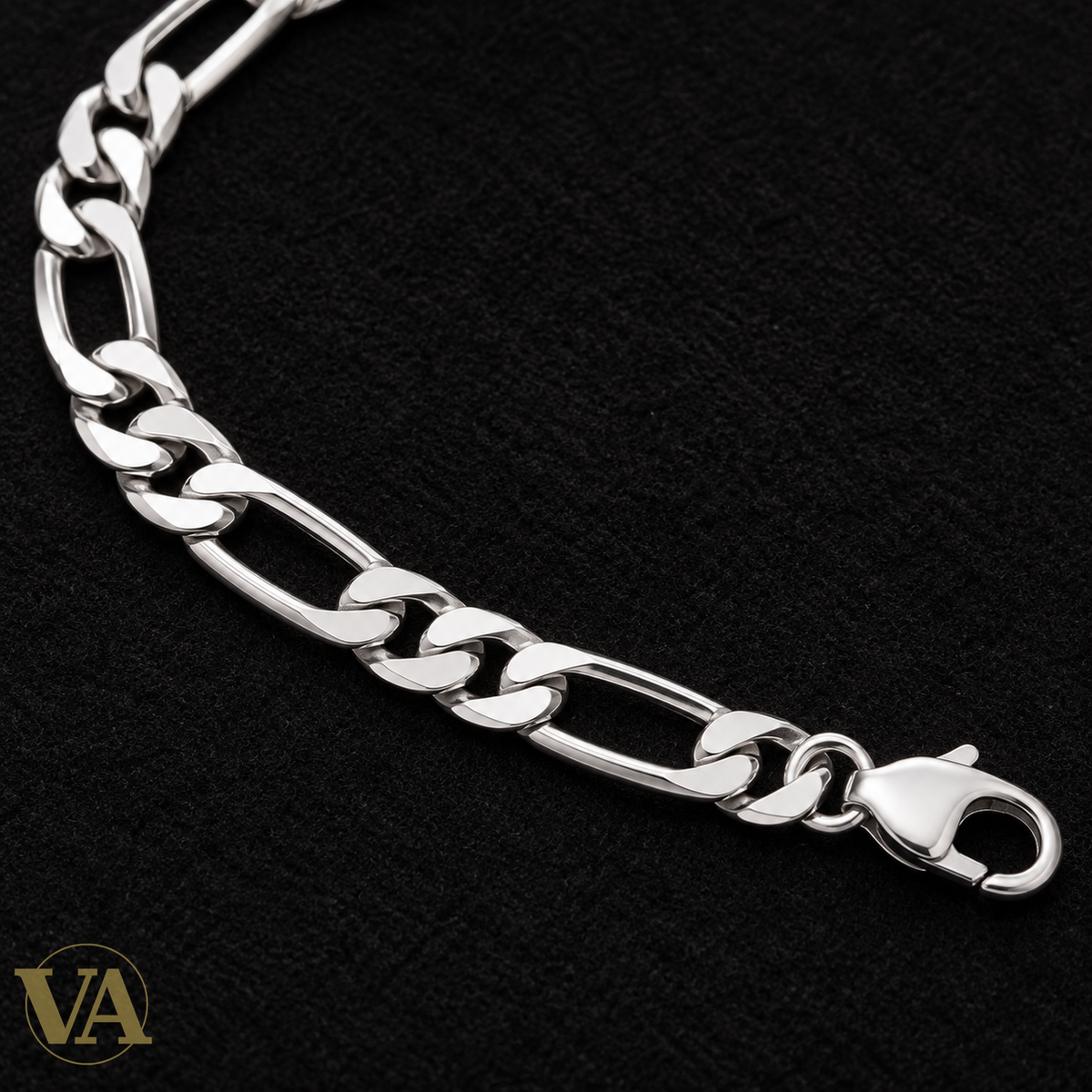 Bracelet homme Figaro 1+1 diamantée rhodié en argent 925 — 21 cm — détail de la maille et du fermoir
