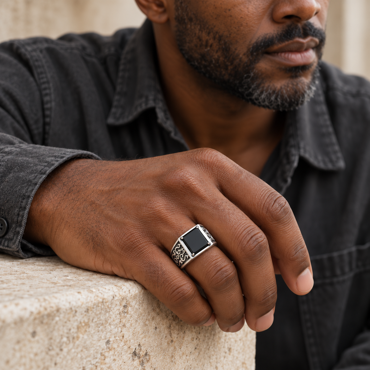 Bague homme argent 925 agate noire