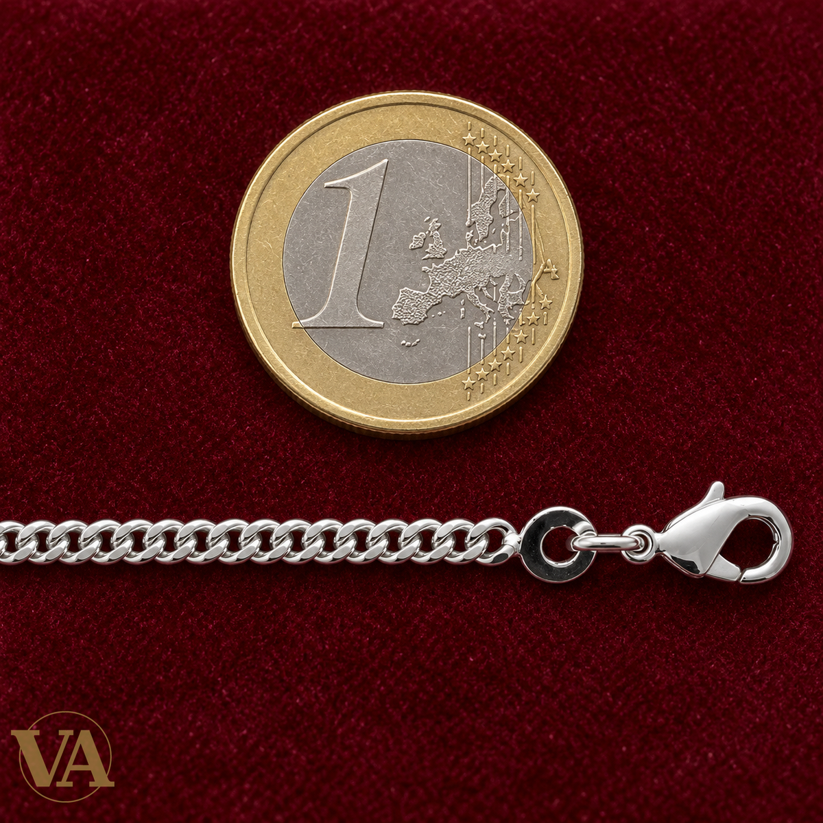 Chaîne Homme Argent 925 – Gourmette diamantée 4 faces 2,4 mm — détail avec pièce de 1 euro