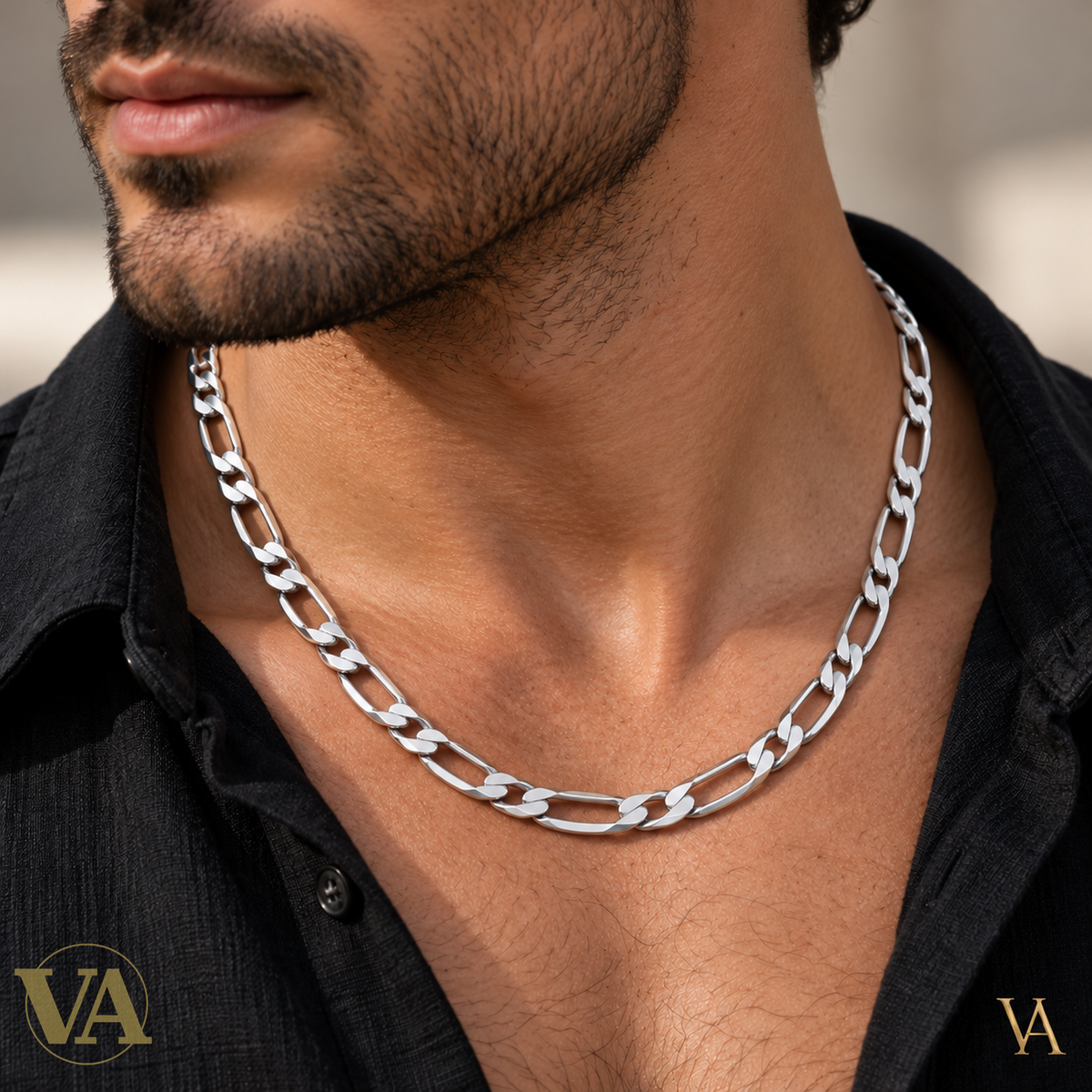 Chaîne Homme Argent 925 – Figaro 1+1 diamantée 4 faces 6 mm — gros plan porté