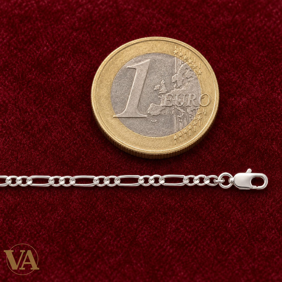 Chaîne Homme Argent 925 – Figaro 1+2 diamantée 4 faces 3 mm — détail avec pièce de 1 euro