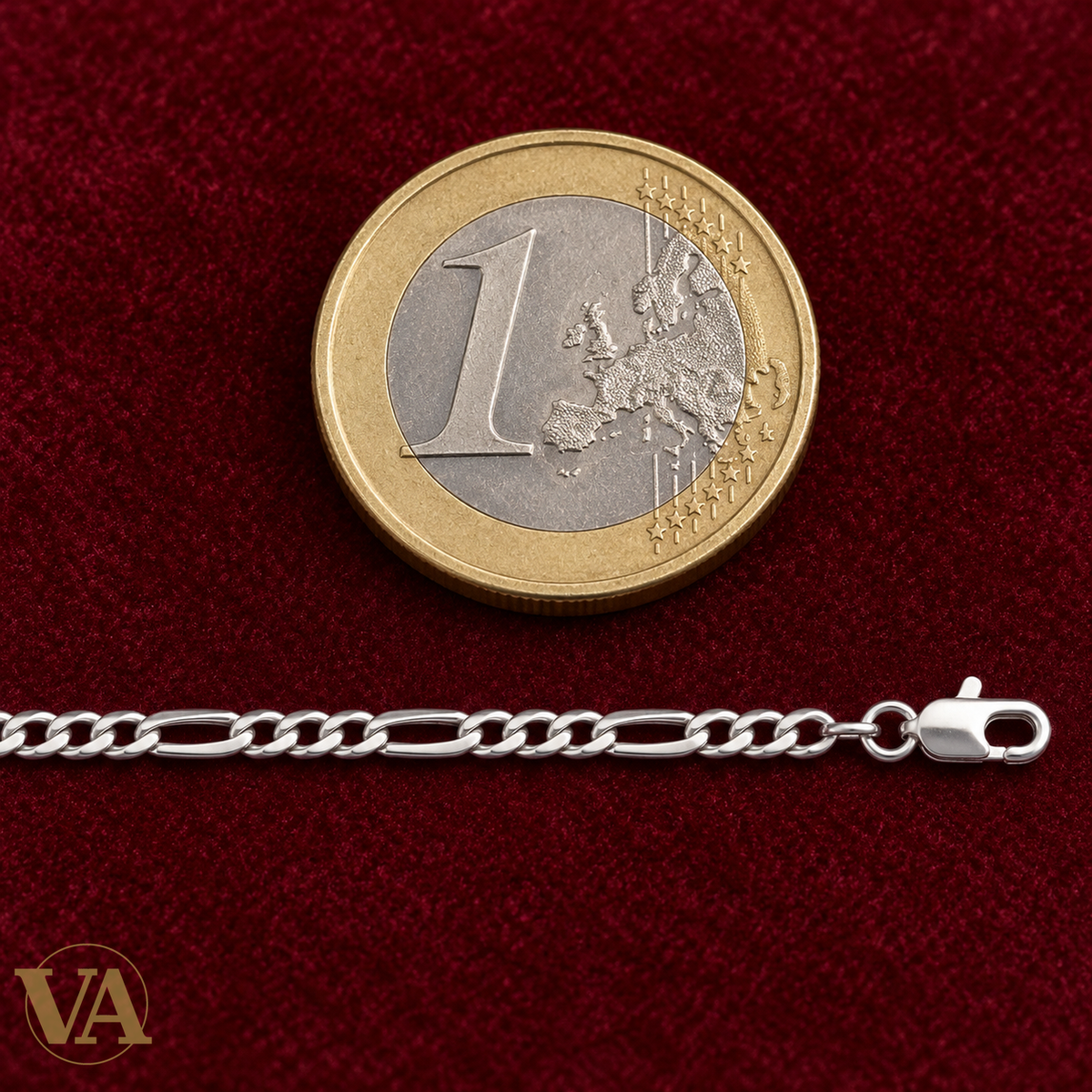 Chaîne Homme Argent 925 – Figaro 1+3 diamantée 4 faces 3 mm — détail avec pièce de 1 euro